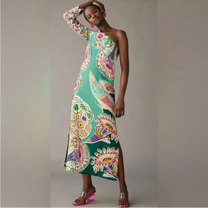 Anthropologie One Shoulder Dress in Green and Pink